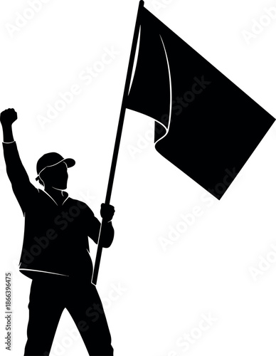 Silhouette of a determined man holding a flag and raising a fist in a gesture of protest revolution and victory.