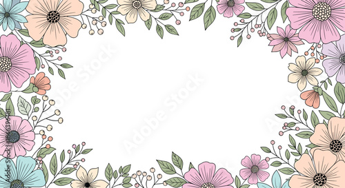 Delicate floral border featuring soft pink, peach, and blue wildflowers with green leaves around a central white space for your text.