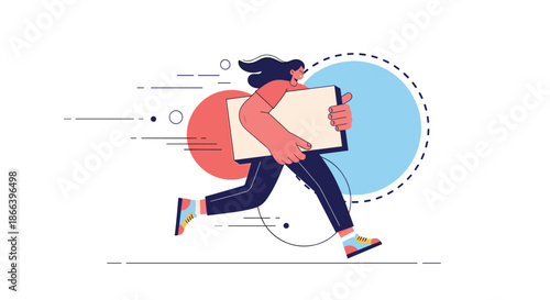 Dynamic abstract illustration of a woman in a red shirt running quickly while holding a large document or presentation board.