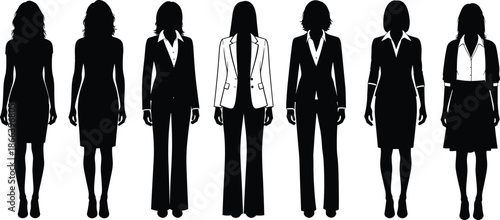 Business women silhouette set in formal office outfits, black flat vector illustration representing professional female workforce, corporate style, leadership, and career diversity