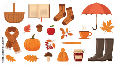 Autumn season collection featuring pumpkins leaves warm socks tea jam boots and other fall elements on white background.