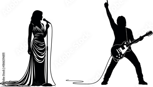 Silhouette of elegant female vocalist in gown and energetic male rock guitarist performing live on stage isolated on white background