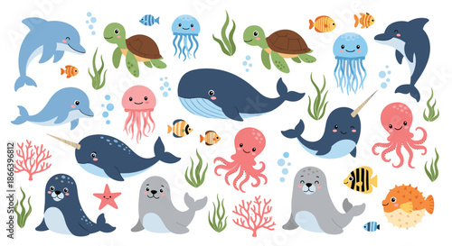 Large set of cute cartoon sea animals including whales dolphins seals turtles jellyfish and colorful fish in ocean.