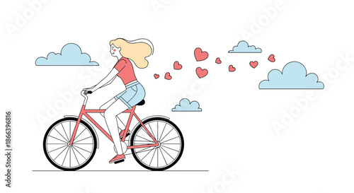 Happy young woman riding a bicycle through the sky with hearts trailing behind and clouds in a romantic concept illustration.