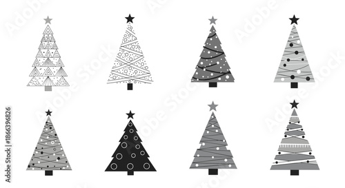 Collection of eight minimalist christmas tree designs with various patterns and stars on a plain white background.