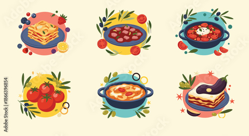 Set of six colorful illustrations featuring various italian dishes like lasagna tomatoes olives and pasta on yellow background.