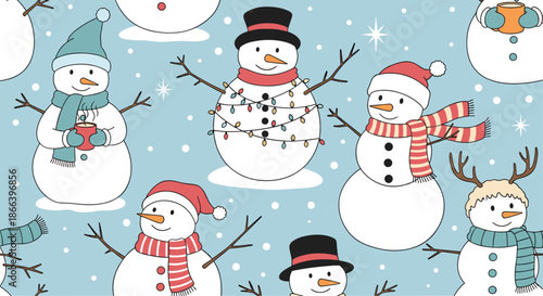 Winter seamless pattern with various cute snowmen wearing hats and scarves on a blue snowy background for kids and holiday.