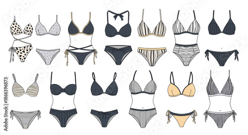 Large collection of stylish women bikinis and swimsuits in various patterns and colors for summer beach fashion.