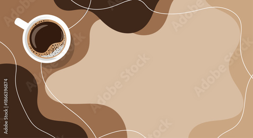 Top view of a freshly brewed cup of coffee served on an abstract wavy brown background for cafe menu design.