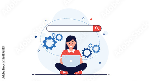 Young woman sitting cross legged with a laptop under a digital search bar surrounded by blue and red gear icons.