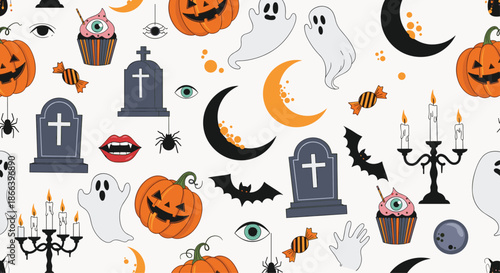 Seamless halloween pattern with hand drawn spooky elements including jack o lanterns ghosts bats and gravestones.