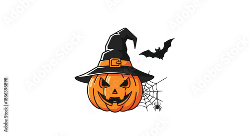 Spooky halloween illustration of a carved jack o lantern wearing a black witch hat with a bat and spider web.