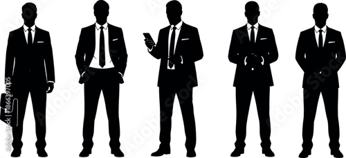 Silhouette of professional businessmen in suits for corporate leadership, executive management, financial success, and formal office work wear collection set