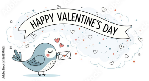 Cute blue bird character carrying a sealed love letter in its beak with happy valentine day banner and heart clouds.