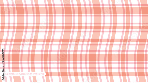 Vibrant pink and white plaid pattern with intersecting lines and squares in a soft peach and salmon color palette for design and texture with backdrop
