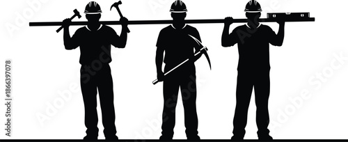 Construction worker silhouettes carrying beam with hammer and pickaxe tools, teamwork labor industry concept black vector illustration isolated background