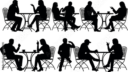 Silhouettes of Diverse People Sitting at Cafe Tables Talking Socializing and Drinking Coffee in a Restaurant Outdoor Bistro Setting Illustration