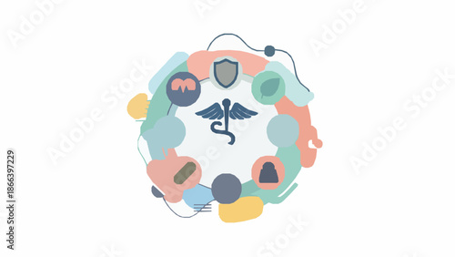 Abstract Medical Illustration Representing Healthcare and Protection with Various Shapes and Symbols