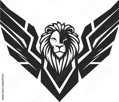 Stylized winged lion mascot in monochrome vector, strong geometric forms, smooth curves, flat illustration, suitable for branding