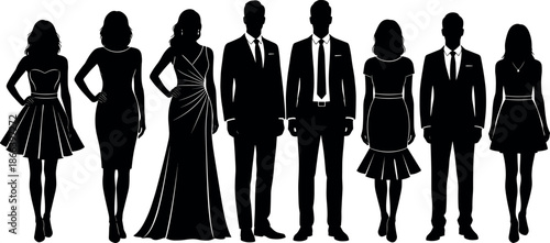Silhouettes of Men and Women in Elegant Formal Evening Wear Suits and Gowns for Gala Event Party Celebration Vector Illustration
