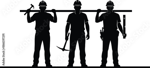 Construction worker silhouettes carrying beam with hammer pickaxe and tools, teamwork labor industry concept black vector illustration isolated background
