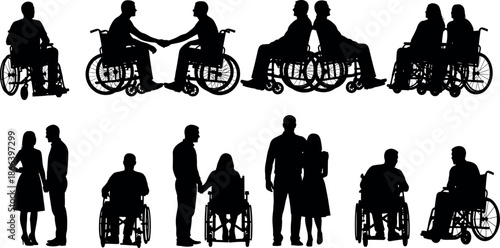 Silhouettes of people in wheelchairs and standing figures in various social interactions including handshakes and couples for inclusive diversity concepts.