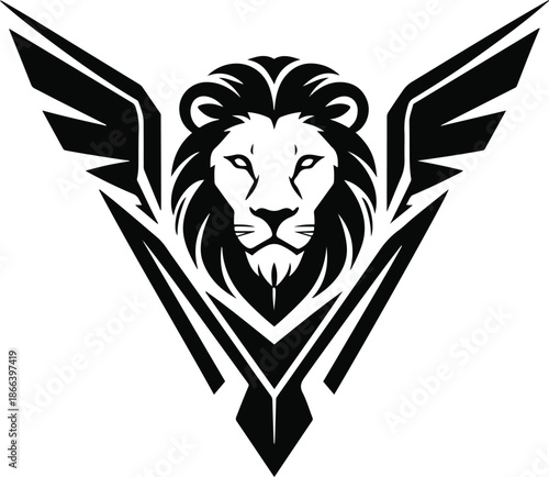 Stylized winged lion mascot in monochrome vector, strong geometric forms, smooth curves, flat illustration, suitable for branding