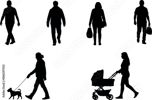 Silhouettes of People Walking in Various Activities Including a Person with a Stroller a Dog Walker and Pedestrians Carrying Bags