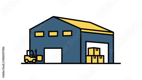 Illustration of a warehouse with forklift and boxes.