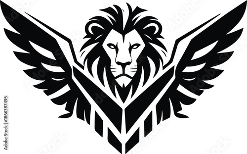  Stylized winged lion mascot in monochrome vector, strong geometric forms, smooth curves, flat illustration, suitable for branding