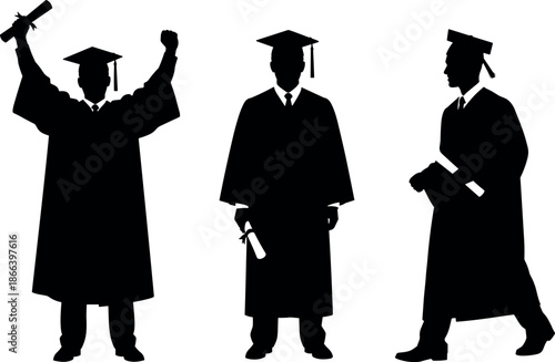 Vector Silhouette Illustration of Male Graduates in Academic Caps and Gowns Celebrating Graduation Ceremony Success Holding Diplomas and Walking Proudly