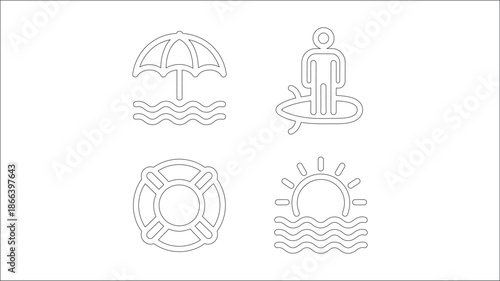 Beach and water activity themed icons vector set with umbrella on beach surfing man lifebuoy and sunset over waves for summer