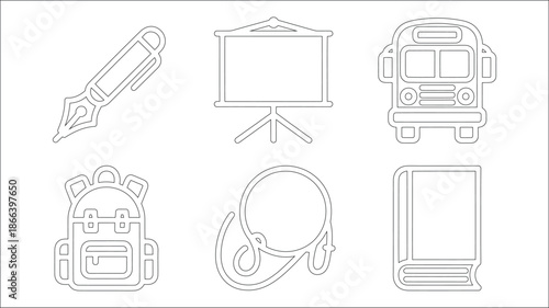 School and education related icons vector set includes pen projector screen school bus backpack abacus and book learning supplies