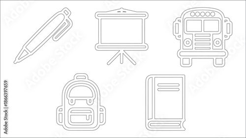 School and education related icons vector set includes pen projector screen school bus backpack and book essential learning supplies