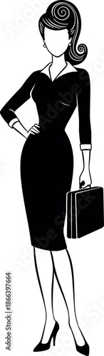 Vintage Mid-Century Modern Professional Businesswoman Silhouette in 1950s Fashion Wearing a Pencil Dress and Holding a Briefcase Retro Style