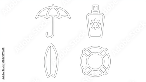 Summer and beach essentials icons vector set features umbrella sunscreen surfboard and lifebuoy perfect for sunny vacation holiday