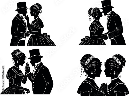 Victorian Couple Silhouette Collection Elegant Regency Period Romantic Portraits of Noble Men and Women in Formal Vintage Attire with Top Hat