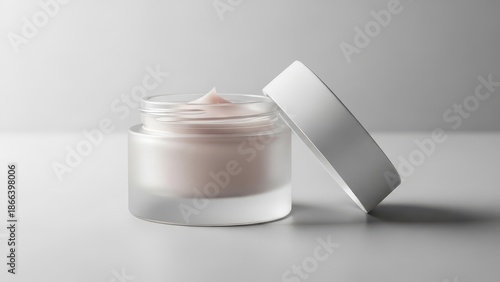 Glass Jar of Cream on White Surface.