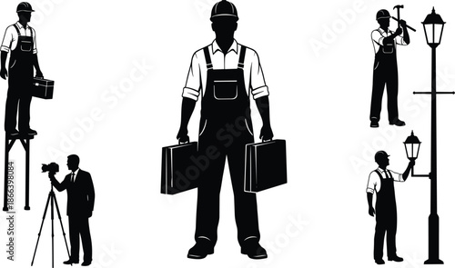 Professional worker silhouettes set, showing technician repairman cameraman installer service jobs tools equipment black vector illustration isolated background white studio