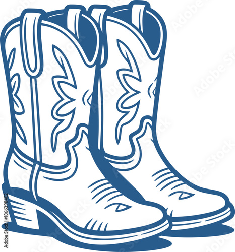 Classic cowboy boots vector outline illustration featuring bold blue lines and floral patterns