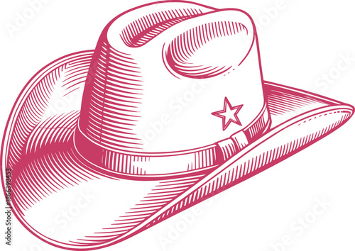 Cowboy hat vintage line art illustration with sheriff star and textured details on grey base