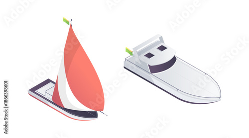 Sailboat and modern motor yacht. Vector isolated isometric sailing vessel and private leisure craft with enclosed upper deck. Pleasure boats and sea tourism. Decked cruisers or recreational watercrfts