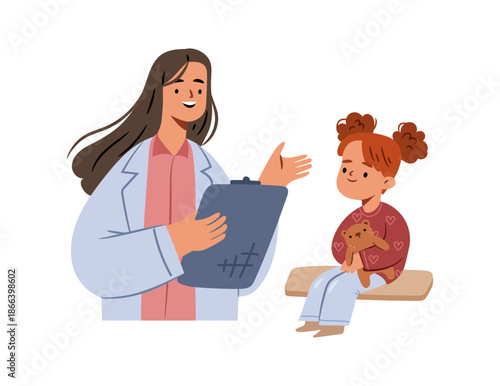 Appointment with pediatrician. Vector smiling doctor informing child about illness and giving advices on how to recover quickly. Practitioner having consultation in clinic or hospital