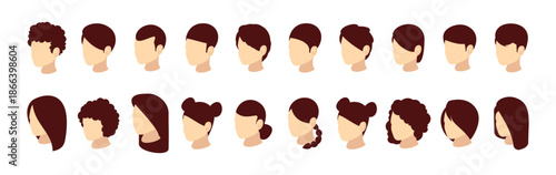 Child boy and girl isometric head constructor, front view. Vector isolated personage creating set. Male grooming and trendy female hairstyles kit. Faceless characters and avatars collection