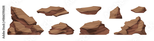 Rough and jagged stones set. Vector isolated cartoon collection of graphite boulders. Solid, naturally occurring substances. Gravels debris of rubble blocks of various shapes, granite pebbles