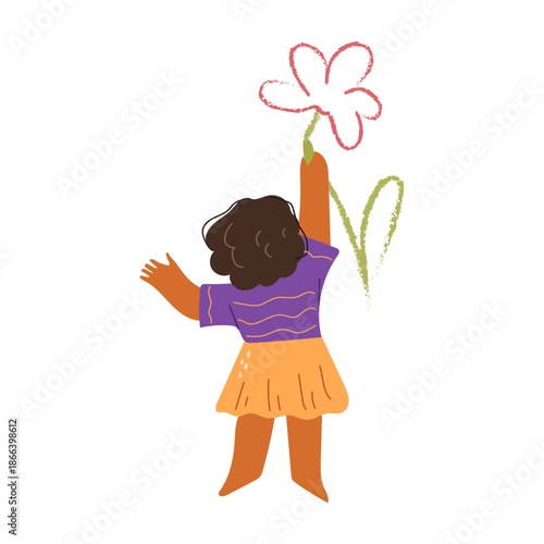 Cute kid girl drawing flower on wall. Vector in flat style, isolated child character back view. Painting of floral decoration with colorful pencils or crayons. Hobby of kiddo, leisure time creativity
