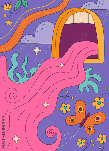 Abstract trippy poster with open mouth and liquid, flowers in blossom and butterfly. Vector in flat style, psychedelic art, vintage or retro design with acidic colors and imagination flow