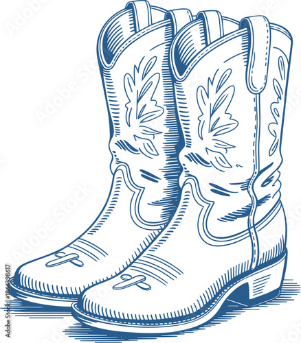 Hand drawn cowboy boots engraving style vector with blue hatch shading and detailed texture