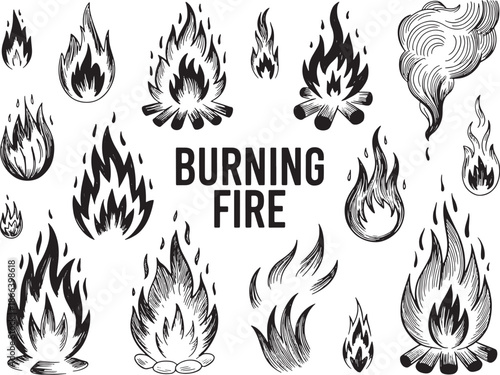 Burning Fire and Flame Sketches Hand Drawn