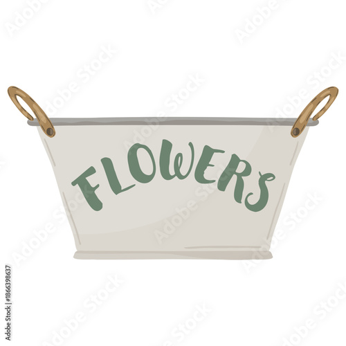 Garden metal tub with flowers text, vector illustration. Hand drawn zinc bucket or flower pot in rustic farmhouse style isolated on white for gardening design and spring decor.
